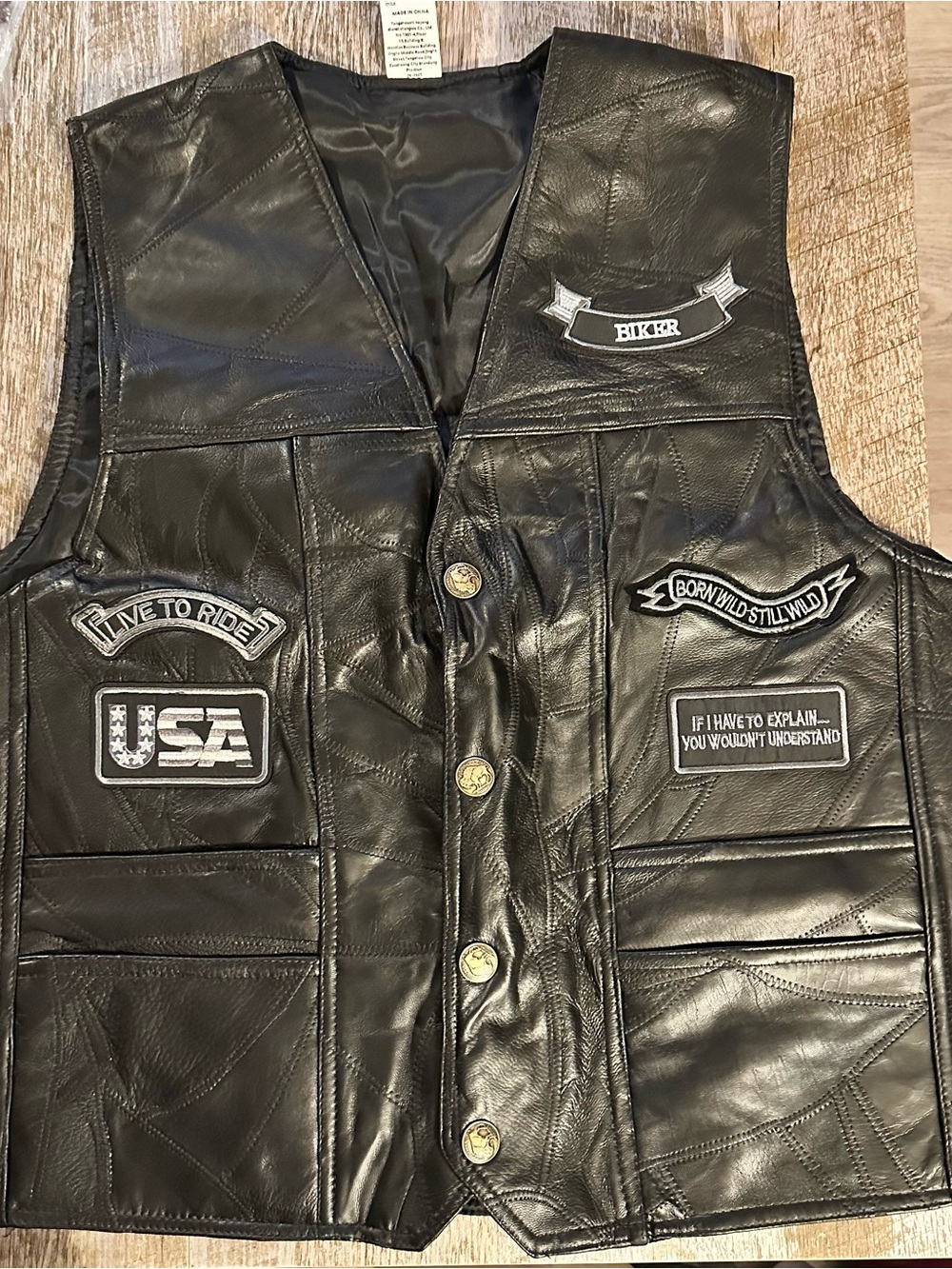 Biker Black PU Leather Vest with Patch Details
